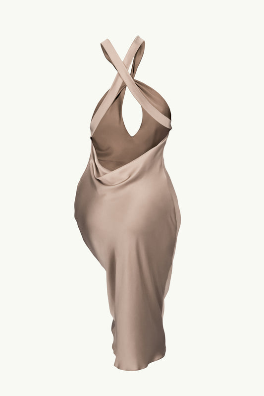 Midi dress with open back in mocha