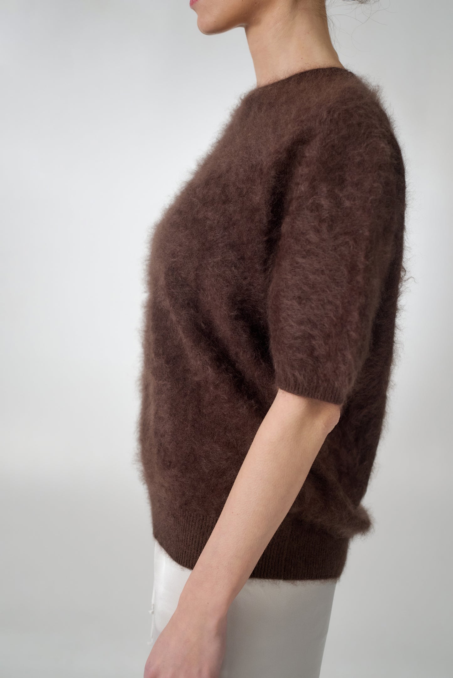 Short-sleeve soft cashmere sweater in brown